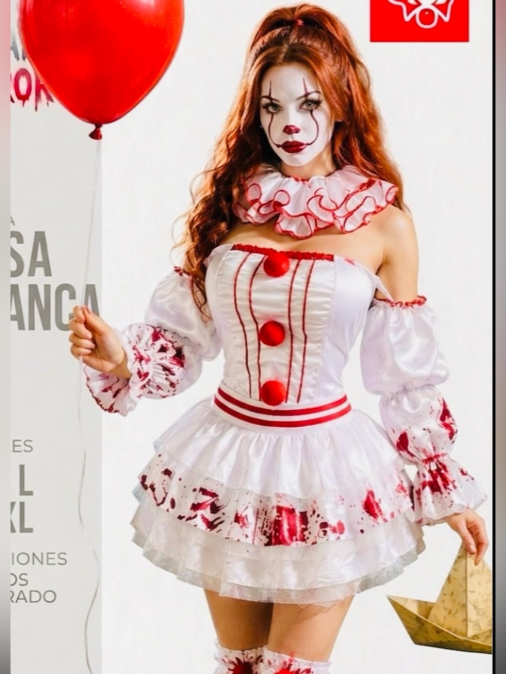 Pennywise Adult White and Red Clown Costume for women- Spooky Halloween Dress
